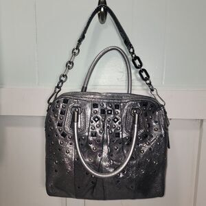 Coach Black Silver Metallic Gems Studded Shoulder Bag W/ Chain